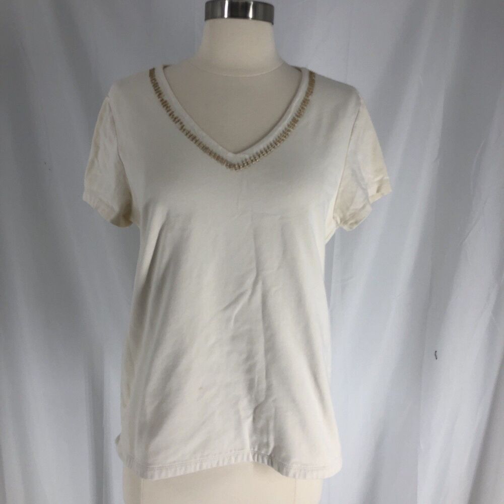 Liz Claiborne Lizwear V-Neck Embellished Tee  - Large Cream